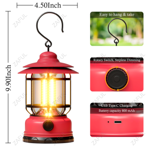 ZAFUL Rechargeable LED Light Portable Solar Camping Lamp Outdoor Retro Lantern Emergency with Light Stand
