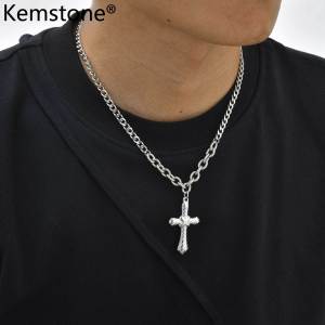 Kemstone Bạc danh thiếp bằng thép đen không gỉ Dây chuyền hình thánh giá cho nam giới hai mặt chuỗi trang sức