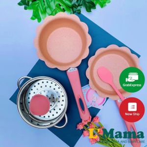 Bộ Nồi Chảo Đá Men Đá Hình Hoa Cao Cấp Bộ Nồi Chảo Đá Chống Dính Kèm Xửng Hấp Nấu Đồ Ăn Dặm Cho Bé