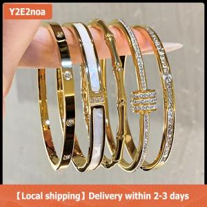 【Local shipping】 High-end 18K Golden Titanium Steel Non-Fade Bracelet Female Plain Ring Zircon Bracelet Light Luxury Niche Bracelet