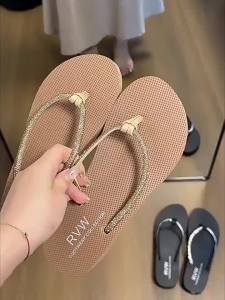 [Free Shipping] 2025 New Womens Summer Fashion Beach Sandals Thick-Soled Wedge Flip-Flops with Rhinestones for Outdoor Wear