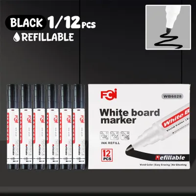FCI White Board Marker 12pcs Refillable with Large Capacity Filling -Ink Whiteboard Marker Easy Erasing School Office Supplies