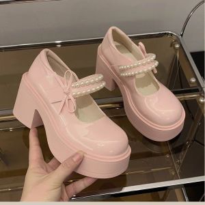 Vintage Pearl Bow Shoes For Women 2025 Spring New Thick-Soled Height-Increasing Single Shoes Jk Small Leather Shoes