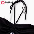 PatPat Family Matching Black Cotton Tee Beach Short-sleeve Shirt and Flora Print Splicing Halter Strap Midi Dress Sets. 