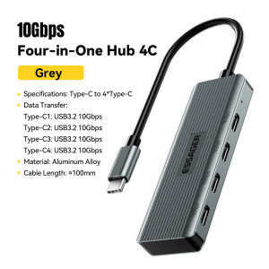 Essager 10Gbps 4-Port Type-C Hub Aluminum USB 3.2 Gen2 Data Transfer Windows Macos android Multi-System Compatible OTG Support