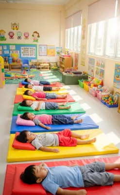 Waterproof Kids Mattress for Daycare & Nursery - Waterproof Easy to Clean Bright Colors Soft Foam Fits Cradle. Children Resting in Daycare Room.