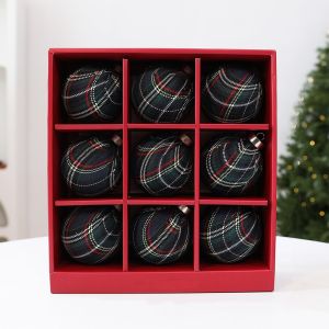 GROCERIY 9Pcs Vintage Plaid Fabric Christmas Ball Set Plastic Grid Pattern Xmas Hanging Balls Kit Mantel Decor DIY Christmas Bauble Ornament Christmas Tree