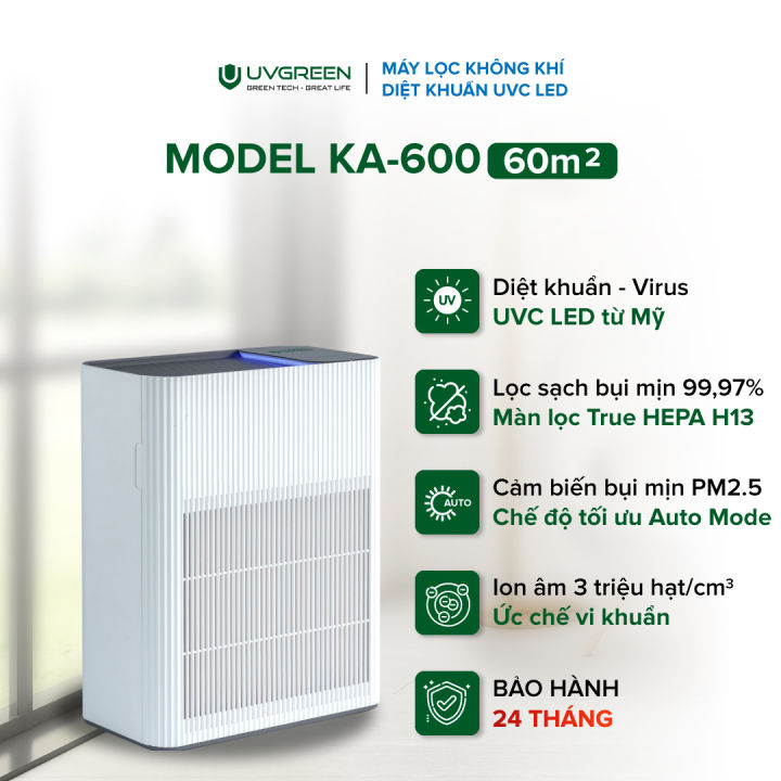 Máy Lọc Không Khí Diệt Khuẩn UVC LED UVGREEN - Model 600-KA Dành Cho Diện Tích 50-60m2 - Công Nghệ UVC LED, Lõi Lọc HEPA H13 Lọc Sạch 99,97% Bụi Mịn, Lông Thú Cưng, Bảo Hành 24 Tháng