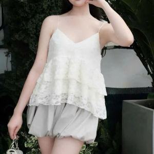 Set tiểu thư đồ nữ thiết ế dự tiệc xinh set mặc hè áo 2 dây Ren bèo tầng quyến rũ mix chân váy mini Bí phồng có quần trong đáng yêu