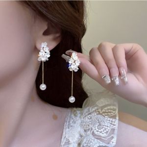 good 999 18K GOLD Fashionable Pearl Flower Tassel Style Earrings ES63622