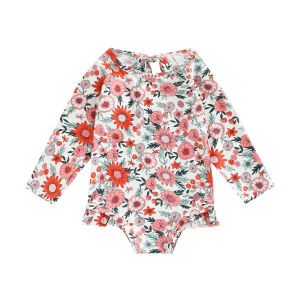 【COD&Local】Girls Casual Swimwear Heart/ Flower Print Round Neck Long Sleeve One-piece Bathing Suit White/ Red/ Orange