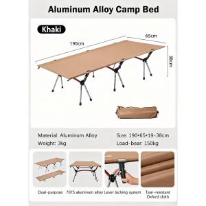 Portable Foldable Camping Cot Dual-Way 190*65CM Lightweight Aluminum Alloy Frame Cot Heavy Duty Breathable Fabric Cot for Camping Trips Hiking Outdoor Adventures