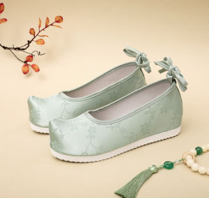 Free Shipping Plain Style With Raised Toe Traditional Hanfu Shoes With Internal Height Increase Slip-On Cloth Shoes Breathable Suitable For Summer Ethnic Style Embroidered Cloth Shoes