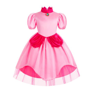 Super Mario Peach Princess Dress For Girls Super Mary Pink Dresses Children Anime Game Costume Birthday Party Lace Long Dress