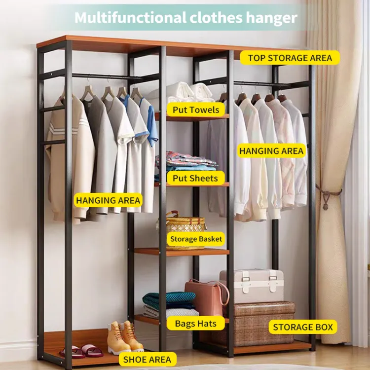 Modern style storage wooden wardrobe Modern Clothes Hanging Wardrobe with  Open Shelves