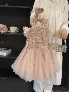 New Summer Kids Girl Party Dresses Young Children Elegant Mesh Flare Sleeves Sequined Tank Top Round Collar Princess Skirt S30692026