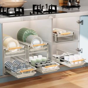 2-Tier Kitchen Dish Rack Cabinet Storage Rack Pull-Out Plate Rack Drain Rack Sliding Drawer Drying Rack