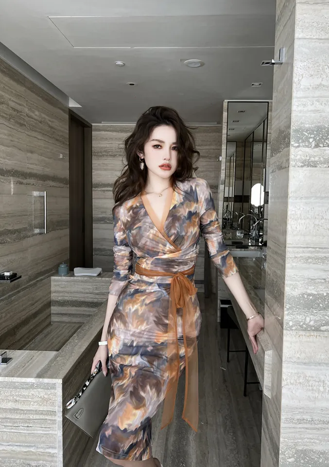 ZYHT Women's French Print Body Tight Wrap Dress Party Classic High