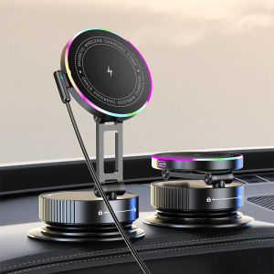 Car Magnetic Wireless Charger RGB Light Stand Folding Vacuum Suction Cup Phone Holder For iPhone 17 16 15