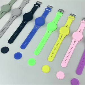 Airtag Bracelet for Kids Waterproof Silicone Wristband Full Case Cover for Airtag Holder Anti-Lost Band Hidden Accessories for Toddler Child Tracker Strap (Pink Purple)