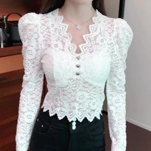 เสื้อเชิ้ตมีขอบล่างลายลูกไม้คอวีเข้ารูปเอว 2024 ปักอเนก เสื้อท่อนบนลายลูกไม้ ผู้หญิงคอวีเซ็กซี่