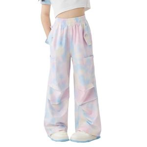 YOUYO Quick Dry Tie-dye Cargo Pants Korean Style Mosquito Proof Loose Fit Trousers Casual Lightweight Wide Leg Pants Big Kids Size
