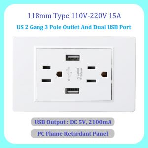 【LSG】Type 118mm  2 gang  wall outlet socket dual 3 pin US Standard Socket With Dual USB Panel 2.1A Dual USB Charger Port PC flame retardant AC 110~220V 15A Household Safety Wall outlet Plug