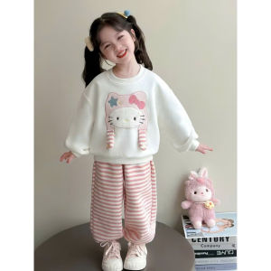 Set bộ Quần áo bé gái dài tay mùa thu đông hàng đẹp như QC chất nỉ Lông dày dặn thêu mèo hồng dễ thương cho trẻ em 8-20kg