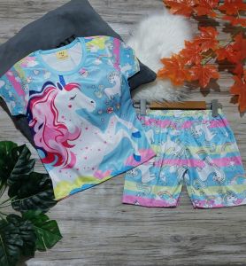 [HCM]Bộ đồ bé gái chất liệu thun dày mịn mát in hình 3D được các bé gái bé trai yêu thích 12-22kg