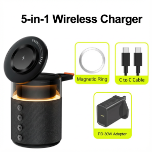 ZUZG 5-in-1 Wireless Charging Station with Bluetooth Speaker Night Light 360° Stereo Sound Magnetic Fast Charger & Phone Stand  (Plug-In Required Not a Power Bank) Compatible with iPhone 17/16/15/14/13 Series & Earbuds & Apple Watch