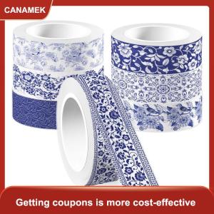 【CANAMEK】 Bộ băng Washi màu xanh và trắng thiết kế chinoiserie đẹp 12 cuộn! Băng trang trí nhật ký album ảnh