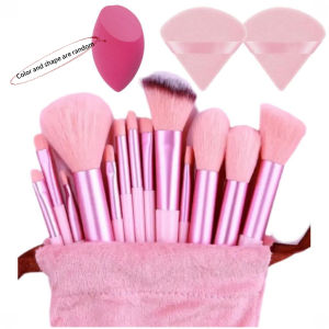 13-Piece Pink Brush Kit with 2 Pink Triangle Sponges and 1 Rose Red Angled Blender for Girls Professional Makeup Set Complete Base and Eye Tools