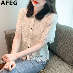 AFEG new Korean version of the doll collar fashion loose all match clash color lace short-sleeved blouse