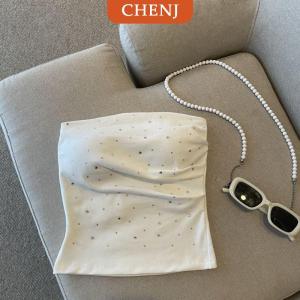 [COD] CHENJ เสื้อเกาะอกประดับพลอยเทียมเซ็กซี่3สีแขนกุดสำหรับวันหยุดเข้าได้กับทุกชุด