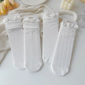 Stusty shop ถุงน่องลูกไม้สีขาวล้วน ถุงเท้าสาวญี่ปุ่นแท้ ไม่ขาดง่าย ระบายอากาศได้ดี ดูดซับเหงื่อ และไม่อับชื้นที่เท้า