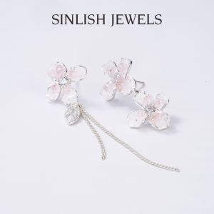 SINLISH Petal Tassel Earrings Asymmetrical Design Pink Gradient Crystal Zircon Jewelry (one pair)