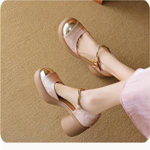 [Free Shipping] 8783 Chengdu Handmade Genuine Leather WomenS Shoes Closed-Toe Chinese-Style Sandals For Women Summer Thick-Heeled Platform Sandals With A Single-Strap Buckle And Hollow Design
