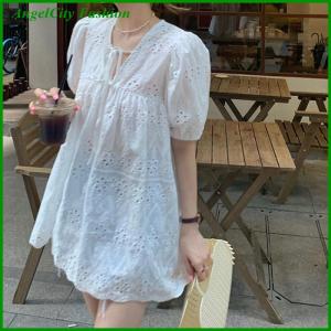 AngelCity Fashion Store Blouses Women Hollow Out Puff Sleeve All-match Dress Lace V-neck Thin Summer Loose Fashion Solid Simple Casual Female Breathable Cozy Ins Mini Dress