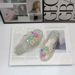 [Free Shipping] Fashionable Jelly Shoes For Women Korean Style Open-Toed Shoes With Floral Accessories Flat Half-Slippers Crystal Transparent Beach Slippers