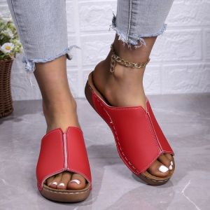 [Free Shipping] Trendy Thick-Soled Slippers For Women Large Size Round Toe Casual Slip-On Style Solid Color Wedge Heel Suitable For Outdoor Wear