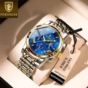 POEDAGAR นาฬิกาโครโนกราฟหรูสำหรับผู้ชายของแท้กันน้ำกันรอยขีดข่วนกระจกแซฟไฟร์กระจกสแตนเลสปฏิทินนาฬิกาข้อมือดาวดวงจันทร์เรืองแสง