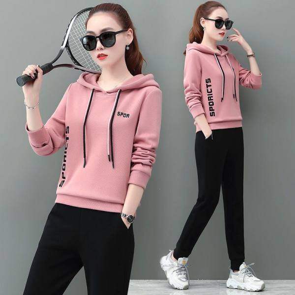 2pcs Set Pakaian Kasual Wanita Pakai Baju Olahraga Lady Lengan Panjang  Longgar Baju Olahraga Atasan dan Seluar # C767