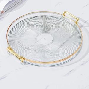 Dining Table Top Tea Tray Round Serving Tray Gold Lining Striped Circular Tray With Handle Multi-Purpose Storage Tray for Home Decoration