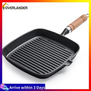 Cast Iron 7.4/9.1/9.25 Inch Grill Pan Non-Stick Steak Grill Pan with Wooden Handle for Indoor & Outdoor Grilling