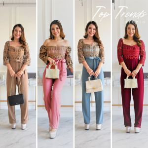 Top Trend JL56 ชุดจั้มสูทหญิงจั้มสูทขายาว ซิปหน้า แขน3/4 ลูกไม้ลายมงกุฎ (M34-38 ) ชุดผู้หญิง ชุดออกงานหรูๆ ชุดทำงาน ชุดงานบุญ ชุดงานบวช แ