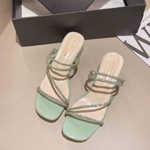 [Free Shipping] Summer New Style Rhinestone Chunky Heel Two-Way Sandals Elegant Outdoor Crystal High Heels For Women