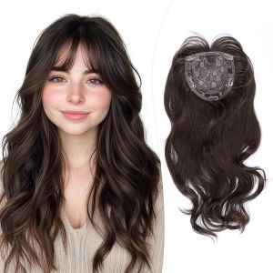 QUEENTAS Short Hair per for Women with Bangs 6.5"*6" Fluffy Hair Pieces Breathable Heat Resistant Synthetic Hair for Daily Wear 360 ° 3D Cover Up (Black Mixed Grey)