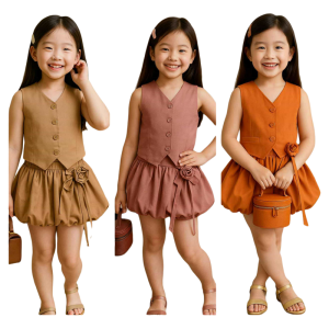 VIVIANNew Hot Trend Best Seller Vneck Chaleco Vest and Bubble Skort/Skirt Terno Set for Girl Kids - ages from 4 to 16 ages - classy and elegant - timeless classic - timeless piece - casual office or party - classic piece - super kapal ng tela - hind