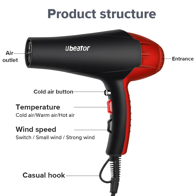 Ubeator Hot Sale Professional Hair Dryer Strong Power Hairdressing