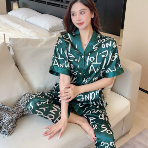 Hot Models of Ice Silk Pajamas Womens Summer Short-Sleeved Long Pants Cartoon Pajamas Cardigan Green Letter Homewear Suit